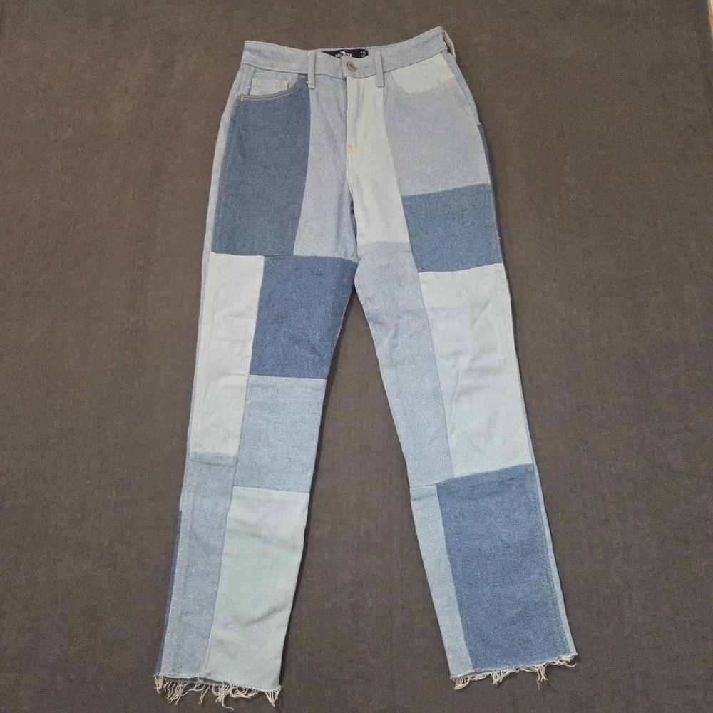 Hollister Ultra High-Rise Mom Jean Womens Size 0 Patchwork Blue Denim